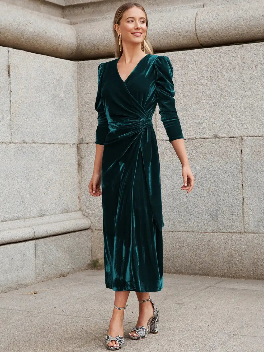 Elegant Solid Velvet Long Dress Women V-neck Wrap Long Sleeve High Waist Ruched Lace-up Birthday Dress Evening Sexy Party Vestid - Lootquake