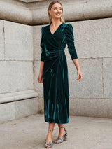 Elegant Solid Velvet Long Dress Women V-neck Wrap Long Sleeve High Waist Ruched Lace-up Birthday Dress Evening Sexy Party Vestid - Lootquake