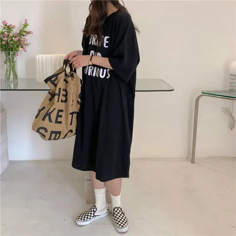 Harajuku Graphic White Long Dress Woman Clothing Y2k Casual Short Sleeve O-Neck Korean Fashion Summer Womens Loose Dresses 2024 - Lootquake