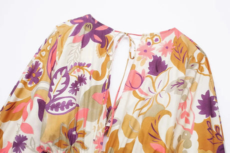 TRAFZA Vintage Flower Print Long Dress Women V Neck Short Sleeve Hollow Out Sexy Beach Dress Fashion 2024 Summer Holiday Dress - Lootquake