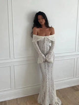 Lace Hollow Out One-shoulder Slim Long Dress For Women Solid Lace Up Waistless Dresses 2024 Chic Sexy Female Party Date Robes - Lootquake