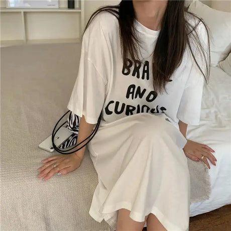 Harajuku Graphic White Long Dress Woman Clothing Y2k Casual Short Sleeve O-Neck Korean Fashion Summer Womens Loose Dresses 2024 - Lootquake
