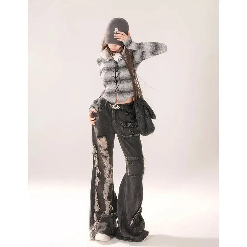 High Waist Ripped Women's Black Jeans Hip-hop Style Fashion Vintage Streetwear Y2K Wide Leg Jean 2024 Trouser Baggy Denim Pants - Lootquake