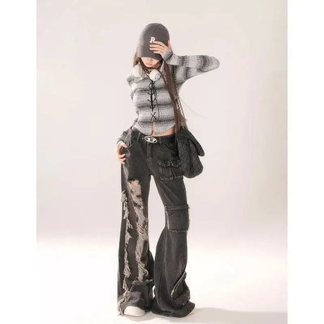 High Waist Ripped Women's Black Jeans Hip-hop Style Fashion Vintage Streetwear Y2K Wide Leg Jean 2024 Trouser Baggy Denim Pants - Lootquake