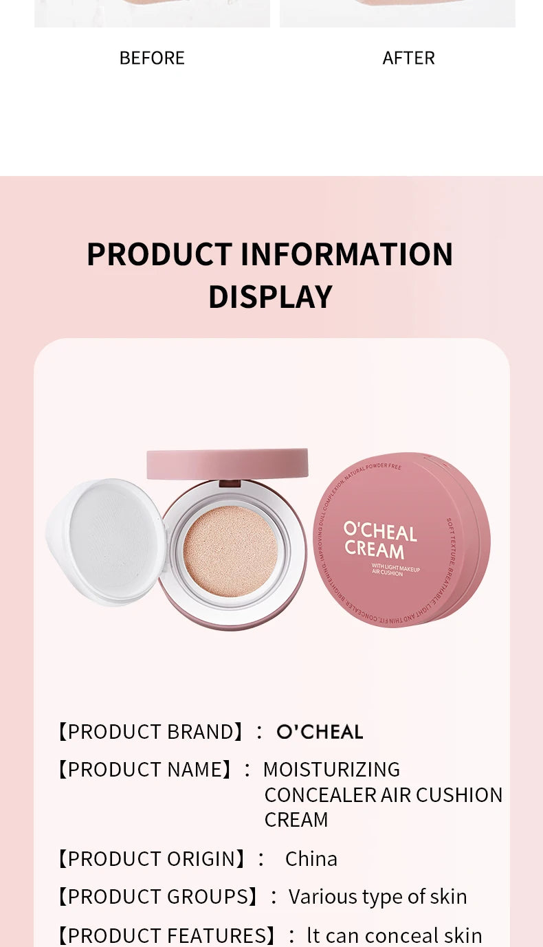 OCHEAL CC Cream Cushion Foundation Cream Corrector hidratante de larga duración Base BB Cream para maquillaje facial Corrector