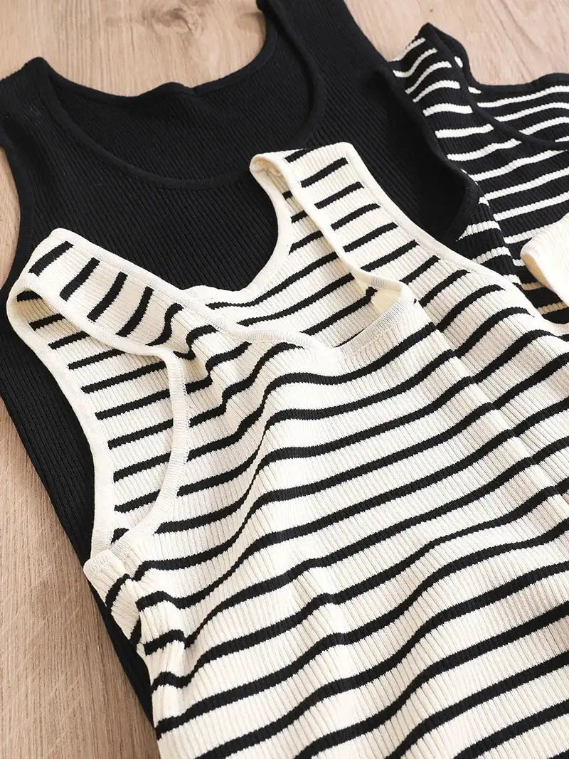 Top Women's loose-fitting striped, spicy Casual Sleeveless Top with round neckline and off-the-shoulder outdoor tank top, summer - Lootquake