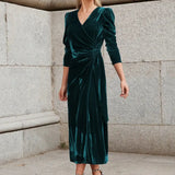 Elegante vestido largo de terciopelo liso para mujer, cuello en V, cruzado, manga larga, cintura alta, fruncido, con cordones, vestido de cumpleaños, vestido de noche sexy para fiesta