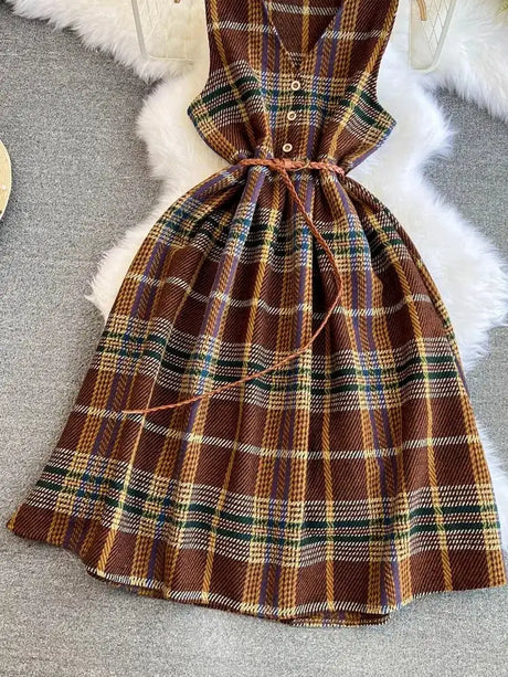Autumn Winter Plaid Woolen Dress Women Vintage V Neck Sleeveless Long Dress With Belt Streetwear Sundress - Lootquake