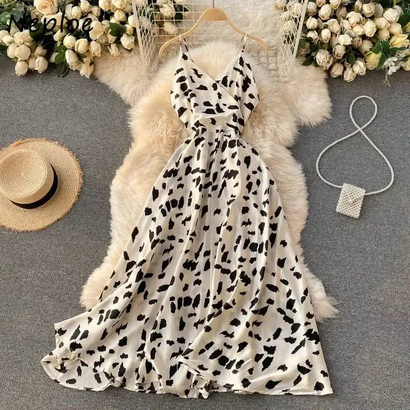 Neploe Vintage Print Holiday Long Dress Women High Waist Hip A Line Vestidos Summer 2025 New V Neck Sleeveless Camis Robe Slim - Lootquake