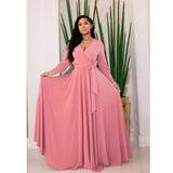 CM.YAYA Elegant Women Wraped V-neck Long Sleeve with Sashes Maxi Long Dress Chic INS Sexy Party Prom Big Swing Pink Dresses - Lootquake