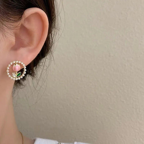 Kiss Jewelry Cute Sweet Flower Round Shape Pearl Rhinestone Stud Earrings for Women Tulip Floral Korean Fashion Earring Gift - Lootquake