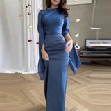 Fashion Satin Solid Robe Dress Ladies Temperament O-neck Slim Evening Dress Elegant Batwing Sleeves High Waist Pleats Long Dress - Lootquake