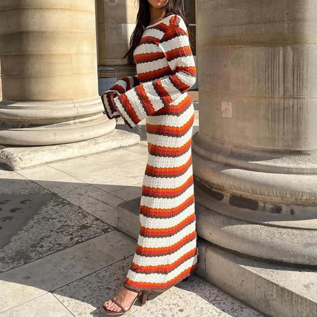 Knitting Hollow Out Dresses Women's Striped Contrast Dresses Beach Vacation Sexy Long Dress Autumn And Winter Sweater Dress - Lootquake
