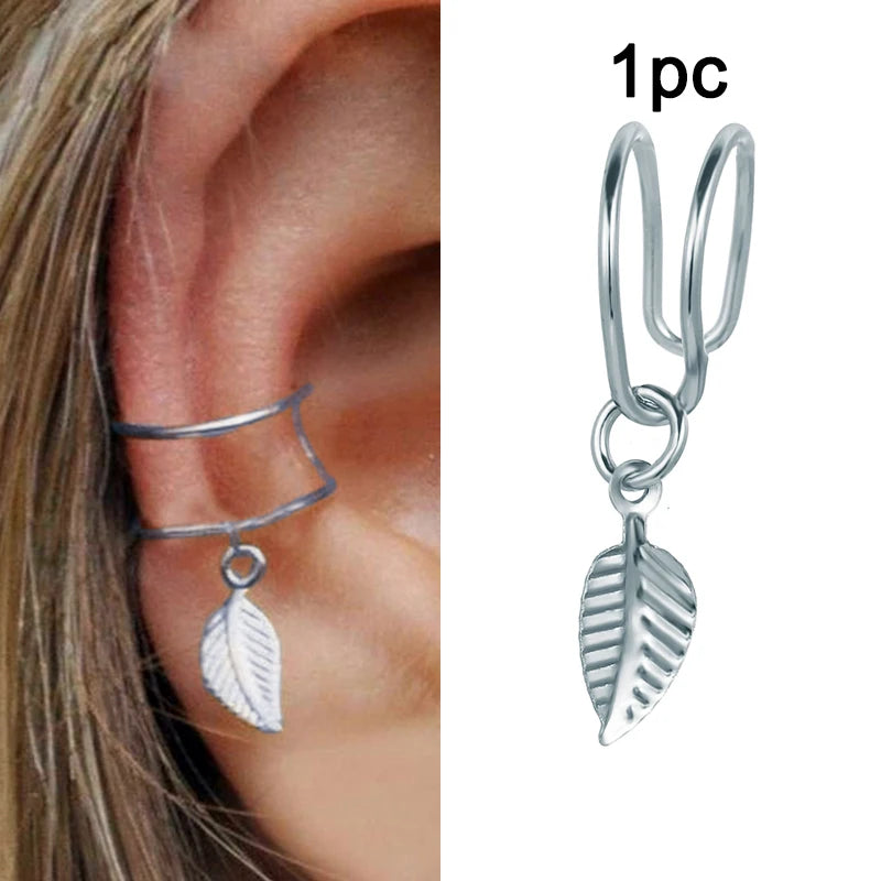 LATS Gold Color Leaves Ear Cuffs, Black Non-Piercing Ear Clip Earrings for Women & Men - Lootquake