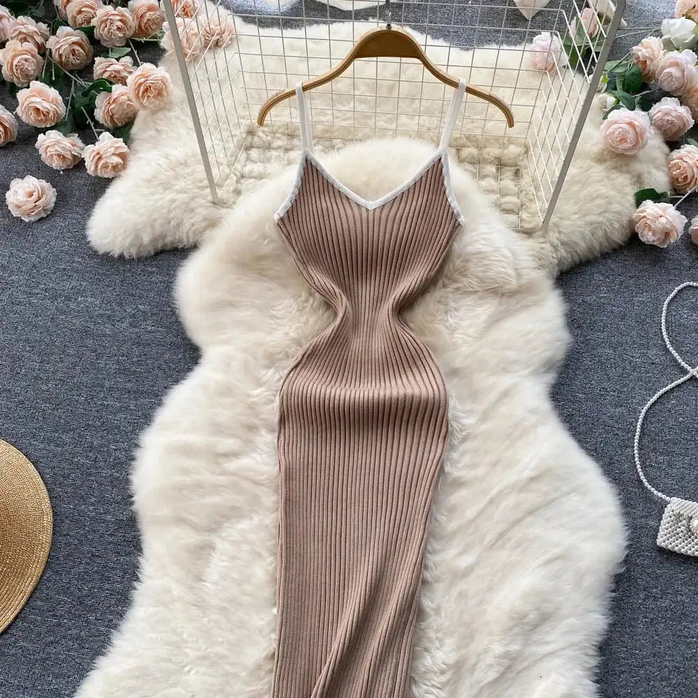 Summer V Neck Knit Sexy Strap Dress Women Elatic Waist Bodycon Sundress Female Beach Backless Maxi Long Dress - Lootquake