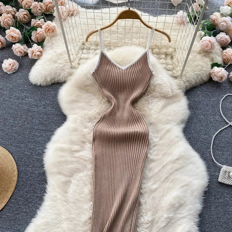 Summer V Neck Knit Sexy Strap Dress Women Elatic Waist Bodycon Sundress Female Beach Backless Maxi Long Dress - Lootquake