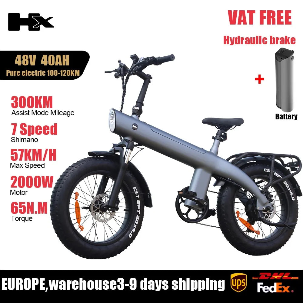 Bicicleta eléctrica para adultos HX Q20PRO de 2000 W, 48 V, 20 Ah, batería extraíble, plegable, neumáticos anchos de 20 pulgadas.