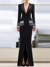 HIGH STREET Newest 2025 Designer Fashion Women's Long Sleeve Notched Collar Rhinestone Diamonds Beading Maxi Long Dress - Lootquake
