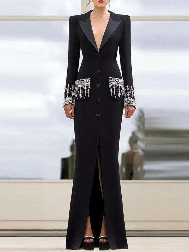 HIGH STREET Newest 2025 Designer Fashion Women's Long Sleeve Notched Collar Rhinestone Diamonds Beading Maxi Long Dress - Lootquake