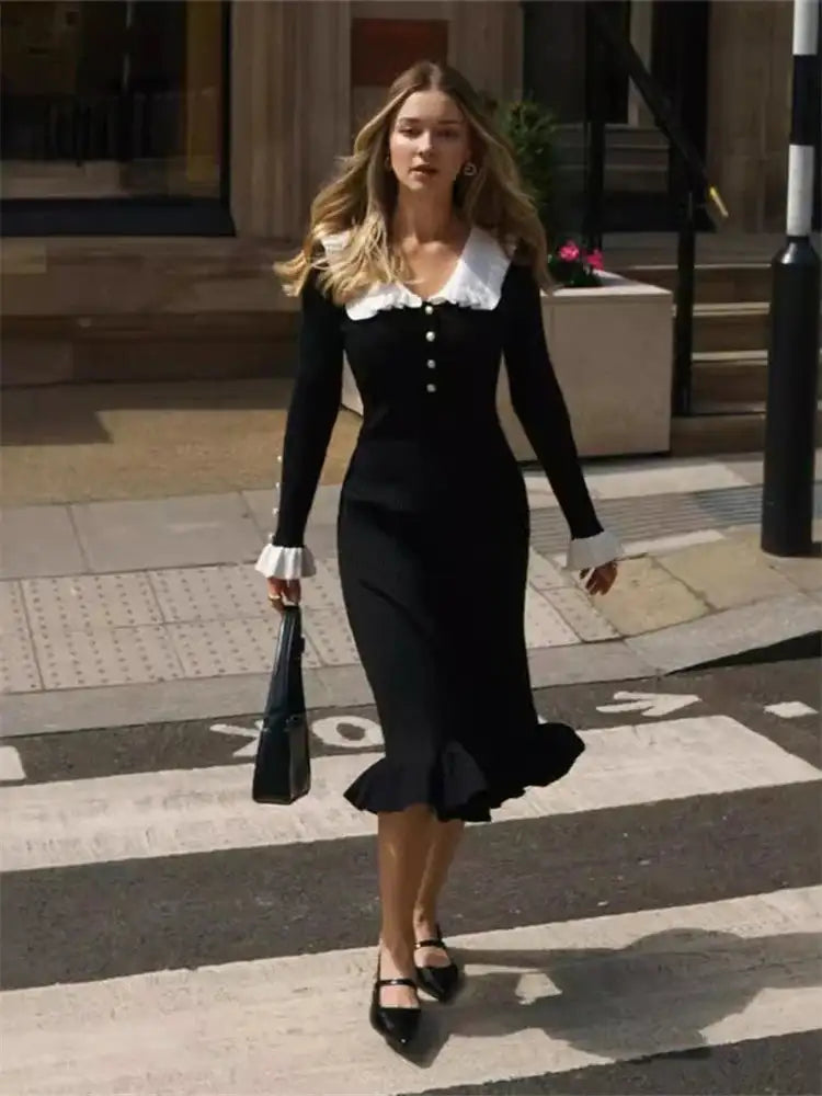 SINGREINY 2024 Hotsweet Slim Autumn Dress Women Peter pan Collar Long Sleeves Patchwork Preppy Style Mermaid Sweater Long Dress - Lootquake
