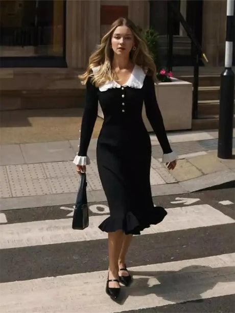 SINGREINY 2024 Hotsweet Slim Autumn Dress Women Peter pan Collar Long Sleeves Patchwork Preppy Style Mermaid Sweater Long Dress - Lootquake