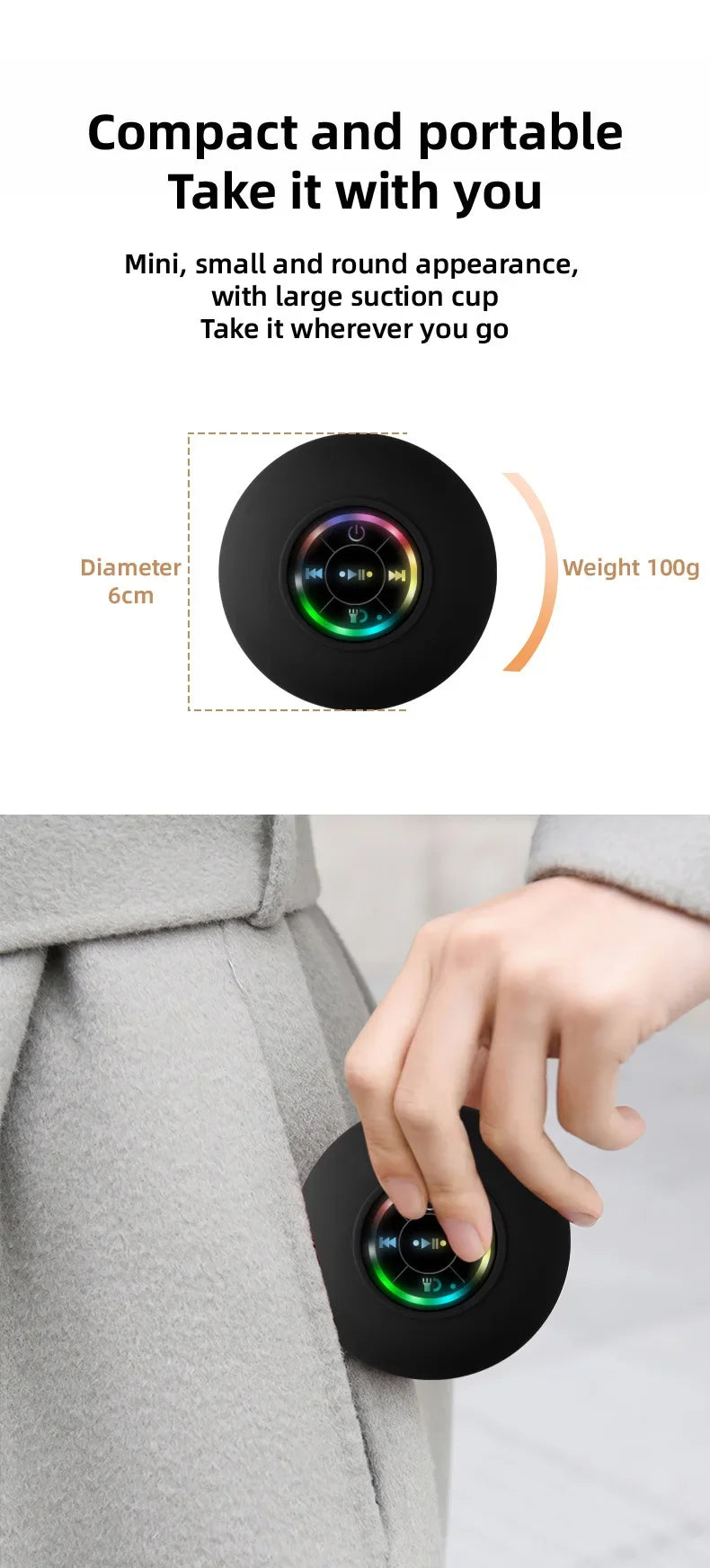 Nuevo altavoz inalámbrico LED Bluetooth impermeable para baño, minialtavoz portátil con ventosa grande, altavoz estéreo para deportes al aire libre