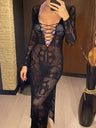 Vestido de mujer con escote en V profundo, manga larga, encaje, abertura, tejido a crochet, malla transparente, sexy, ajustado, largo, V4146B