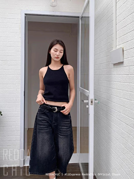 REDDACHiC Retro Y2k Baggy Jorts Women Men Whiskers Black Jeans Low Waist Casual Wide Pants Frayed Denim Shorts Big Size Clothes - Lootquake