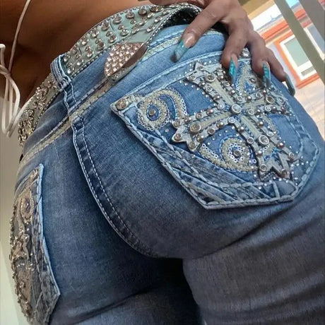 Y2K Retro Blue Slim Jeans Harajuku Hip Hop Rhinestone Cross Graphic Embroidered Jeans Gothic Low Waist Trousers Womens Clothing - Lootquake