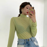 Camisa neón para mujer, de manga larga, con cuello alto, transparente, de malla amarilla dorada, sexy, para fiesta, club, ropa de calle, camisetas de hip hop