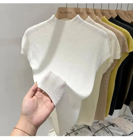 Half High Collar T-shirts Flying Sleeve Design Slim Knitted Sleeveless Top Women Simple Comfortable White T-shirts Summer 2025 - Lootquake