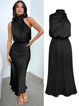 Summer High-End Silk Satin Sleeveless Long Dress Women Fashion Elegant Celebrity Dresses Evening Dress Party Clothes Ladies - Lootquake