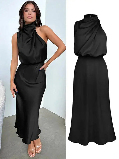 Summer High-End Silk Satin Sleeveless Long Dress Women Fashion Elegant Celebrity Dresses Evening Dress Party Clothes Ladies - Lootquake
