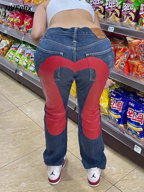 Jeans Women Gothic Y2K Retro Streetwear Black Cargo Punk Vintage Kpop Print Wide Leg Denim Panrts Female Autumn Trousers Pants - Lootquake