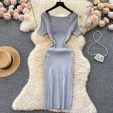 Green 2024 Sexy Summer Knit Short Sleeve Dress Women Squar Collar Waist Bodycon Sundress Female Beach  Backless Long Dress - Lootquake