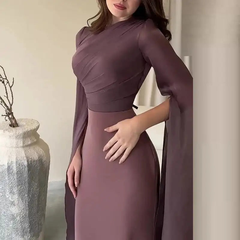 Fashion Satin Solid Robe Dress Ladies Temperament O-neck Slim Evening Dress Elegant Batwing Sleeves High Waist Pleats Long Dress - Lootquake