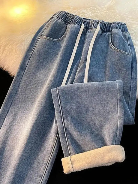 Thicken Velvet Lined Casual Wide Leg Jean  Warm Fashion High Waist Cowboy New Vaqueros  Winter Basic Snow Wear Women Denim Pants - Lootquake