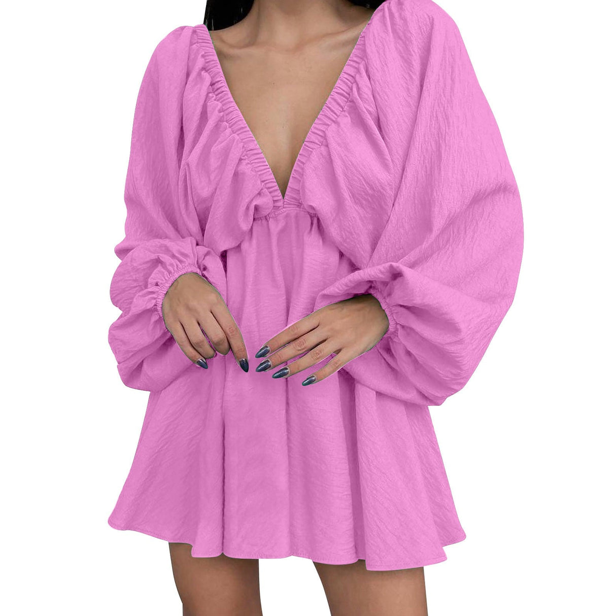 Deep V Neck Sexy Dress Temperament Retro Solid Color Pleated Dress Elegant Long Sleeve Large Size Casual Womens Dresses ropa