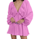 Deep V Neck Sexy Dress Temperament Retro Solid Color Pleated Dress Elegant Long Sleeve Large Size Casual Womens Dresses ropa