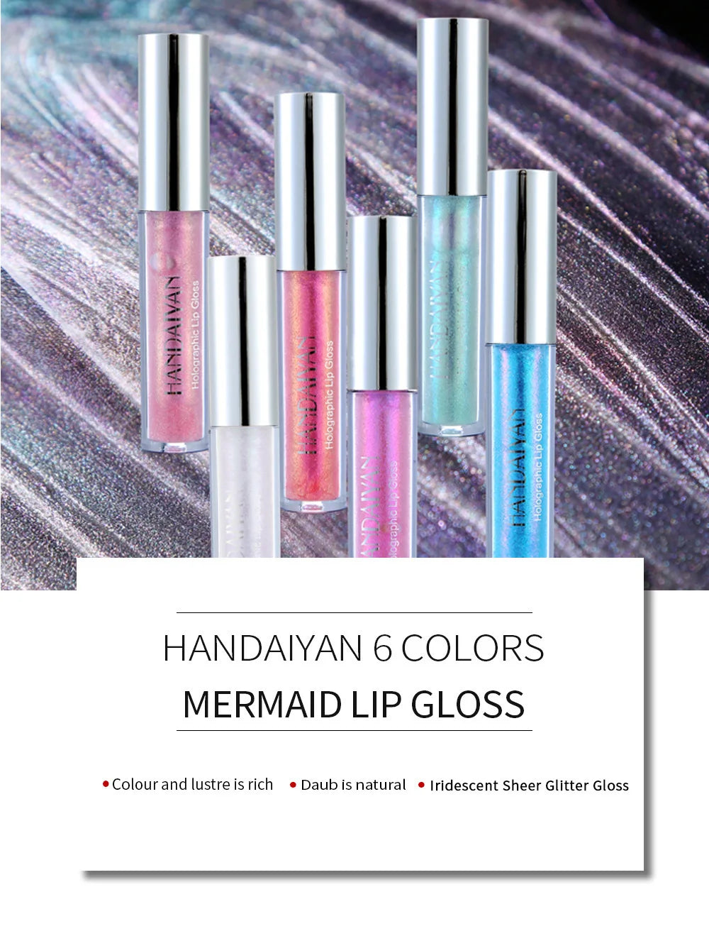 HANDAIYAN Best Seller Glitter Lip Gloss 6colors Moisturizing Mermaid Lip Glaze Waterproof Long Lasting Liquid Lip Stick