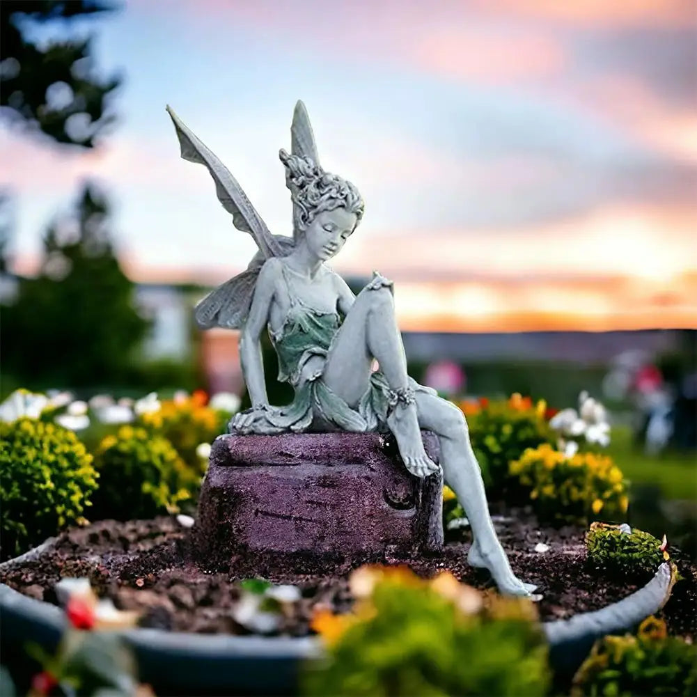Flower Fairy Sculpture Garden Landscaping Yard Art Ornament Resin Turek Sitting Statue Outdoor Angel Figurines Craft Decoration
