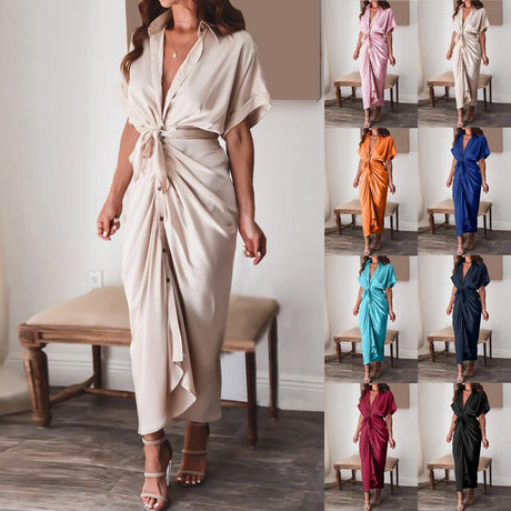 Formal Dresses For Wedding Guest Short Sleeve Long Dress Temperament Commuting High Waist Button Dress vestidos de graduación - Lootquake