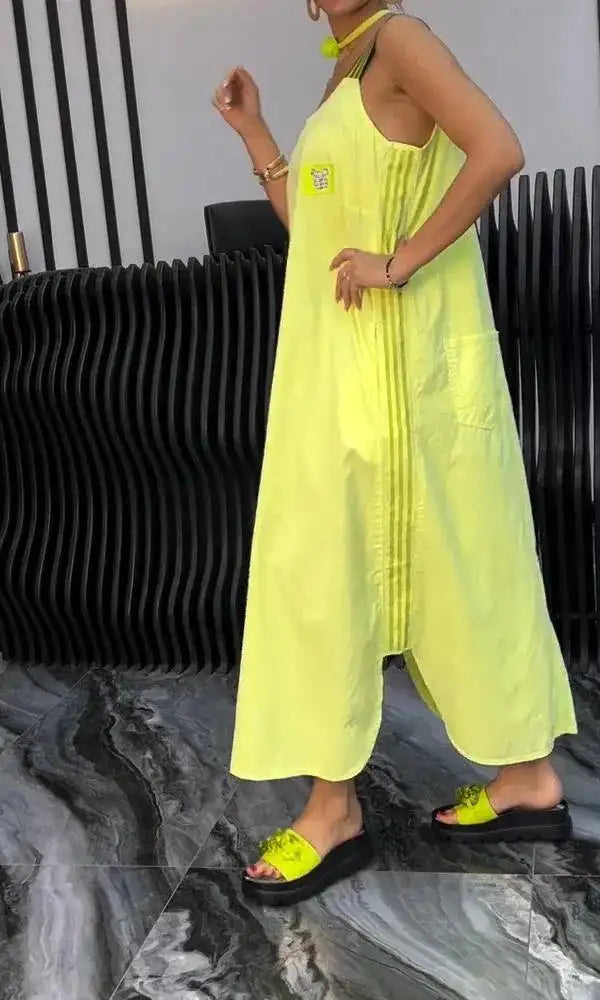 Summer Fashion Solid Cotton Linen Dresses Women Sexy Square Neck Sleeveless Suspender Slit Long Dress Casual Loose Dress Woman - Lootquake