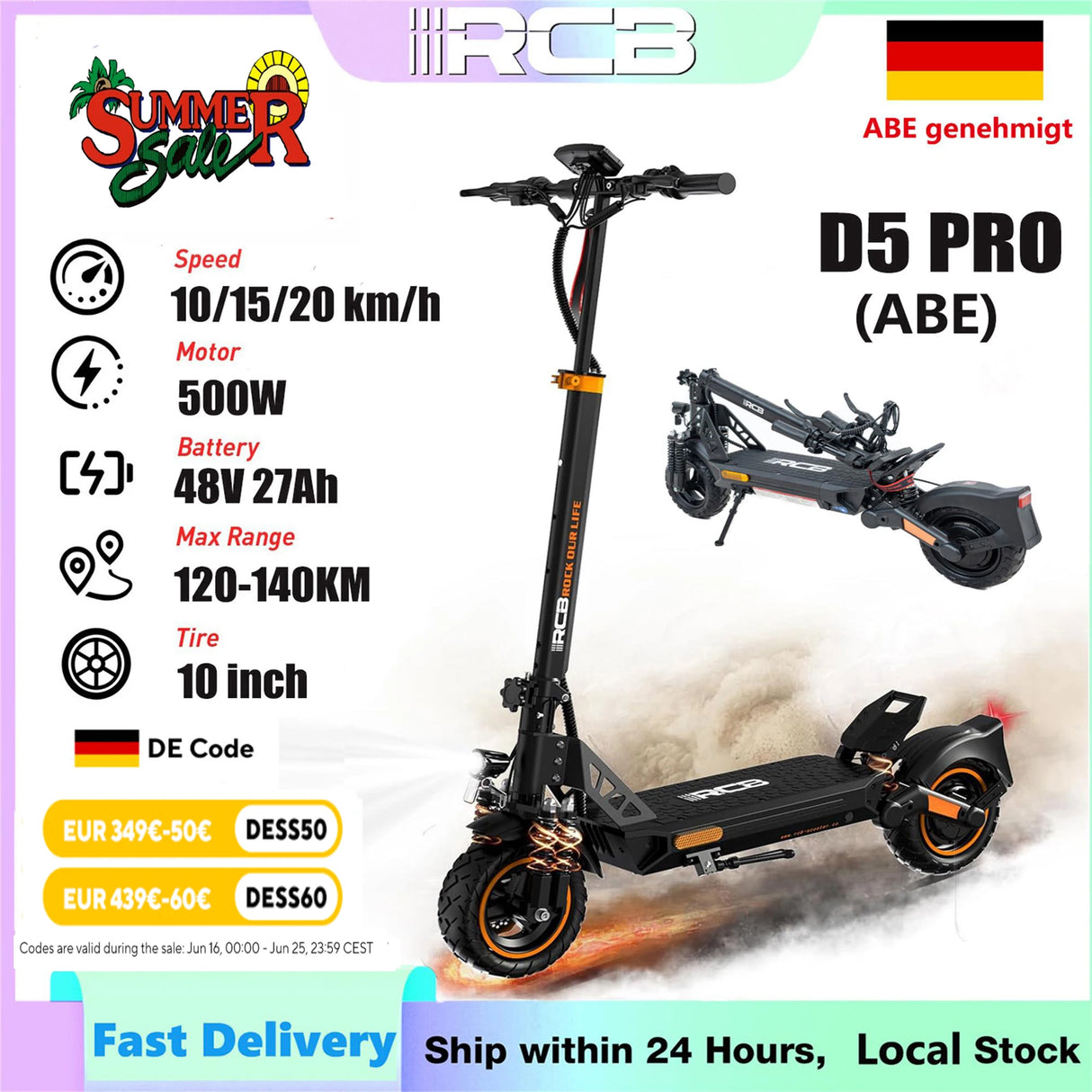 Trottinette électrique RCB D5, homologuée pour la route (ABE), moteur 500 W, pneus increvables 10 pouces, contrôle par application, double amortisseur