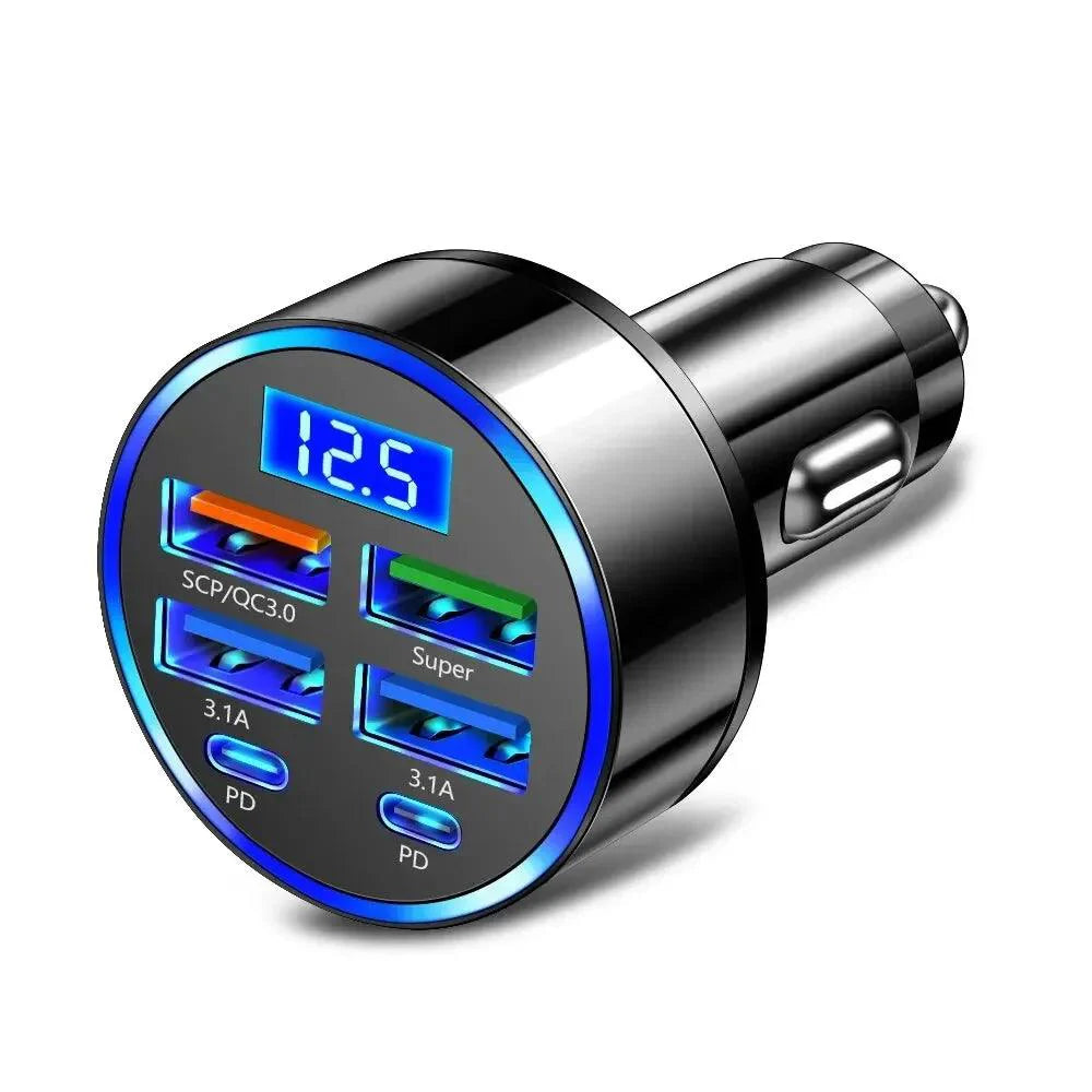 66-250W PD Car Charger QC3.0 Fast Charge with Digital Display 4USB and 2PD Ports for Car Cigarette Lighter Plug