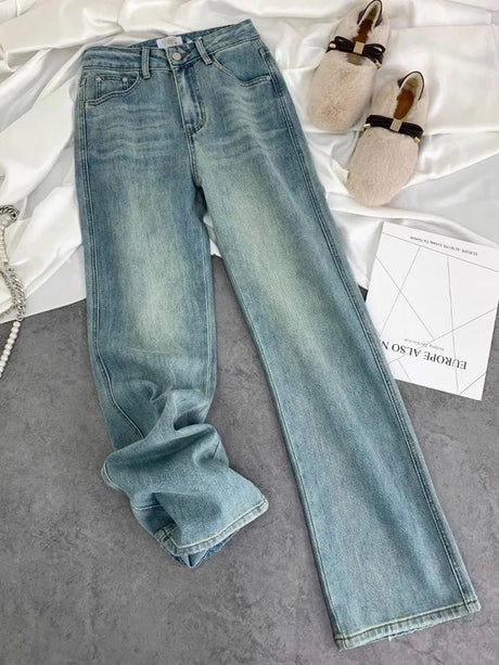 Blue Women Jeans Streetwear Vintage Fashion High Waisted Wide Leg Jean Female Trouser Letter Hip Hop Baggy Blue Denim Pants - Lootquake