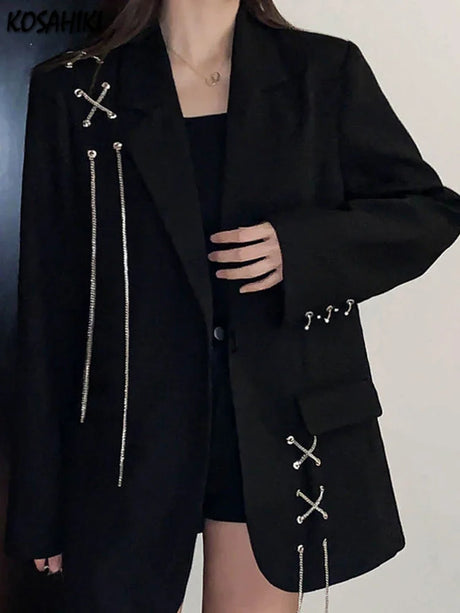 KOSAHIKI Harajuku Women Jackets Black Gothic Punk Hip Hop Solid Vintage Blazer Coats  Chic Chain Loose Jacket Streetwear - Lootquake