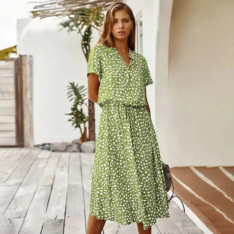 Vintage Floral Print Dress Women Boho Short Sleeve Long Dress Turn Down Collar Casual Waistband Shirt Dresses Robe 2021 Summer - Lootquake