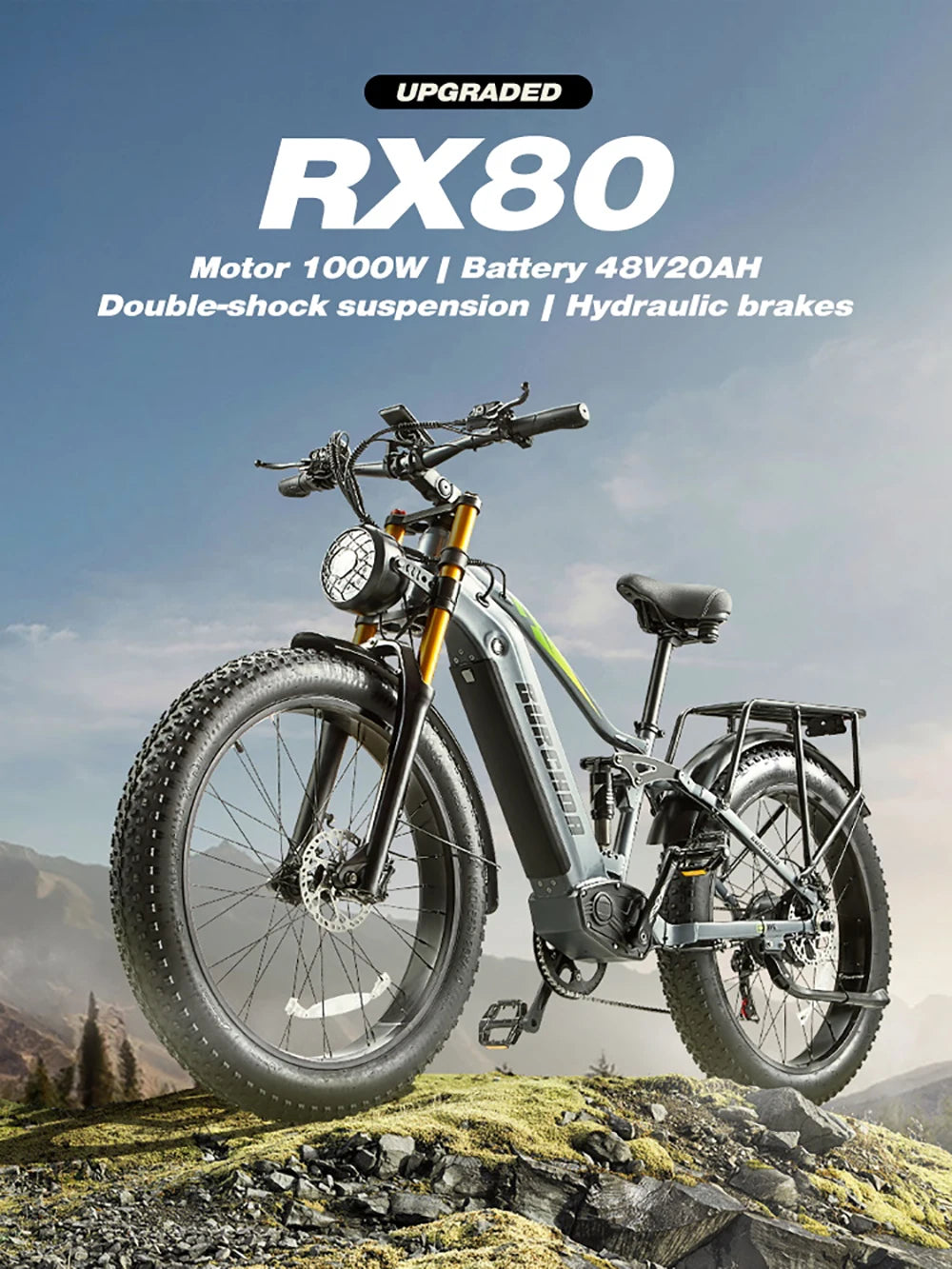 Bicicleta eléctrica BURCHDA RX80 para adultos, motor de 1000 W, batería de 48 V 20 Ah, neumáticos anchos todoterreno de 26", bicicleta eléctrica para montaña y nieve, ciclismo todoterreno