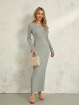 Women Spring Autumn Lace-up Knit Dress Elegant Long Sleeve Crew Neck Ribbed Solid Color Long Dress Streetwear - Lootquake